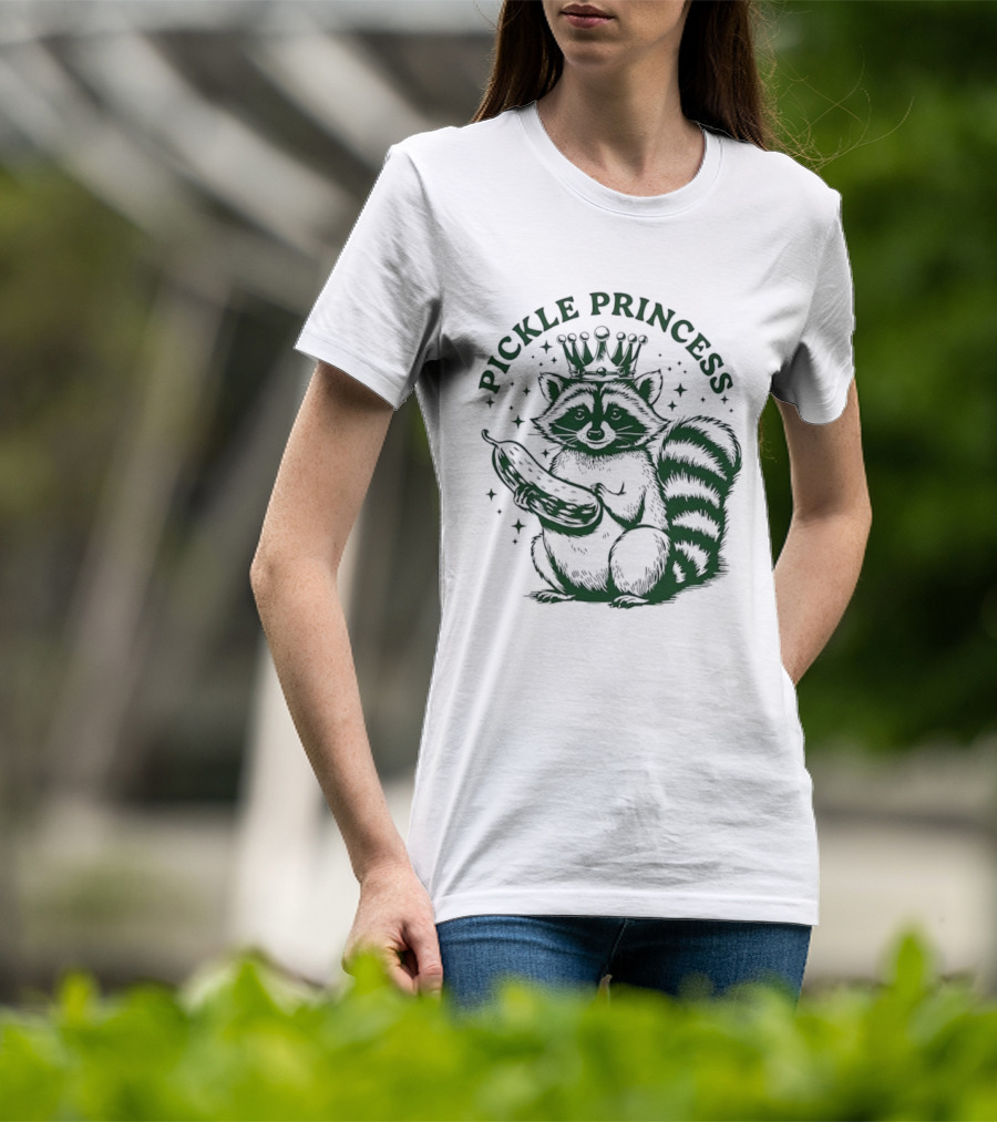 Pickle Princess Raccoon Holding Pickle With Crown And Stars T-Shirt