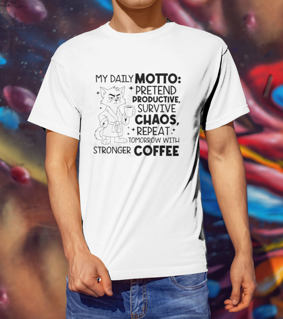 Cat My Daily Motto Survive Chaos Repeat Tomorrow With Stronger Coffee T-Shirt