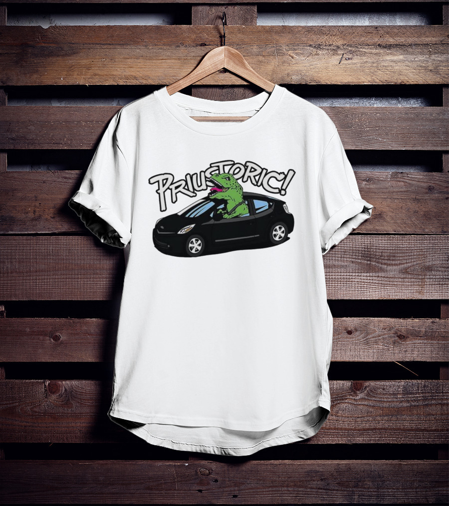 Priustoric T-Rex Dinosaur Driving Car Playful Humor T-Shirt