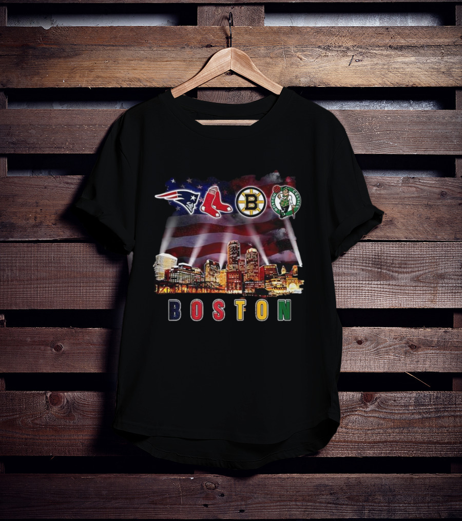 Boston Patriots Red Sox Bruins Celtics City Skyline Fan Celebration T-Shirt