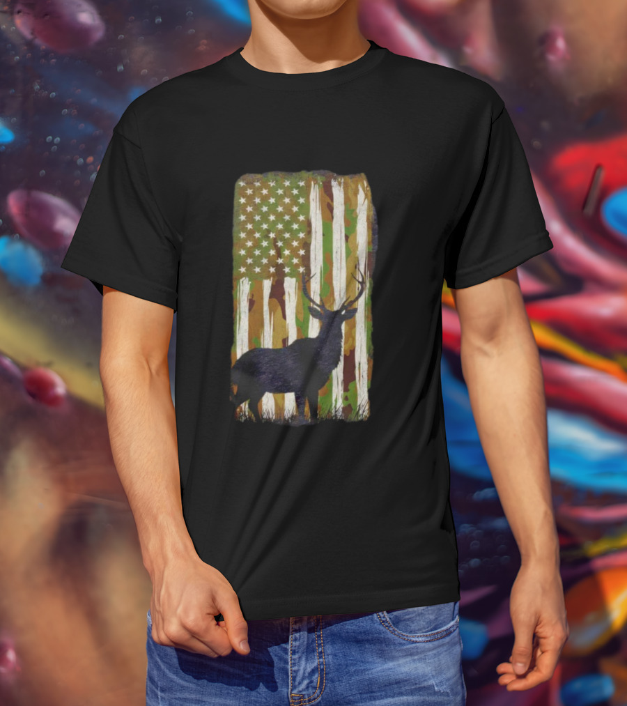 Camo Buck American Flag Camouflage Silhouette T-Shirt