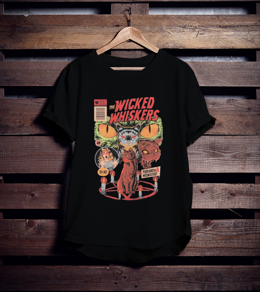 The Wicked Whiskers Oh No Purranoia Meowschief Comic Style Cats T-Shirt