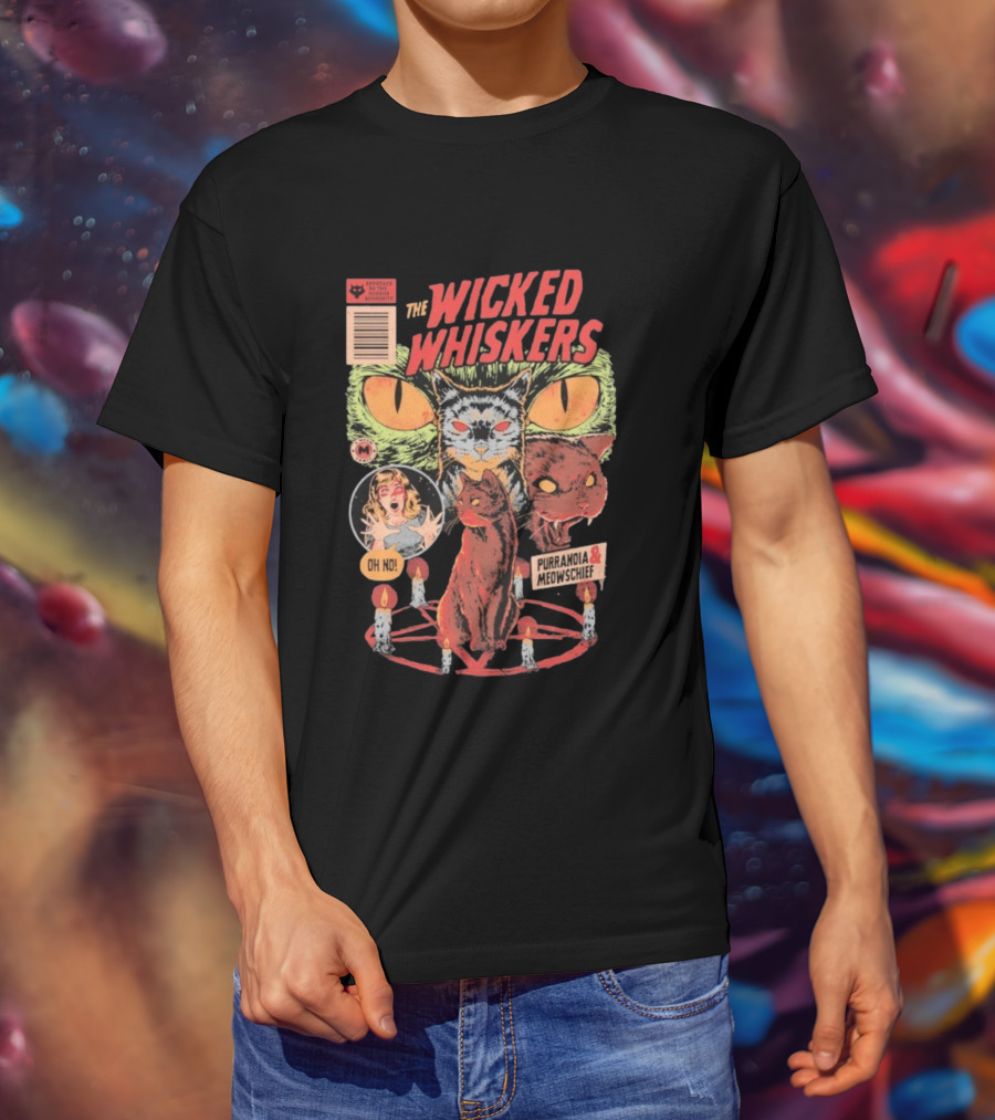 The Wicked Whiskers Oh No Purranoia Meowschief Comic Style Cats T-Shirt