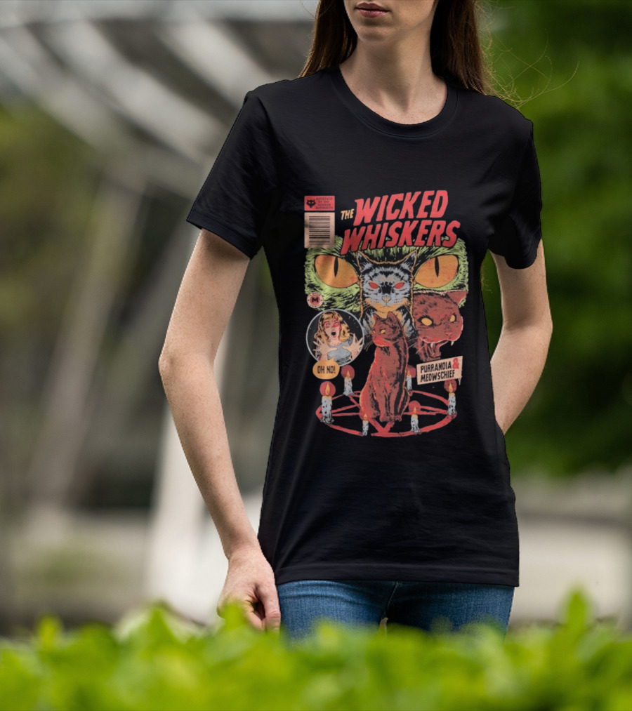 The Wicked Whiskers Oh No Purranoia Meowschief Comic Style Cats T-Shirt