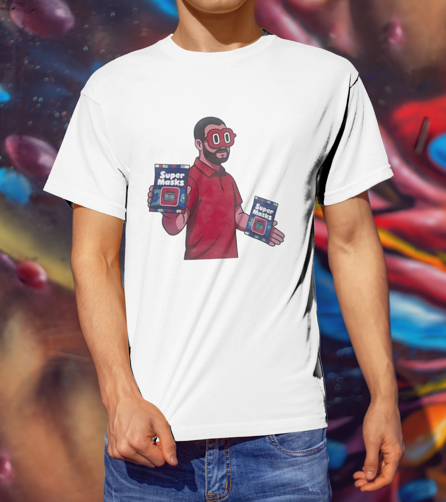 Super Masks Red Character Holding Packages With Eye Mask T-Shirt
