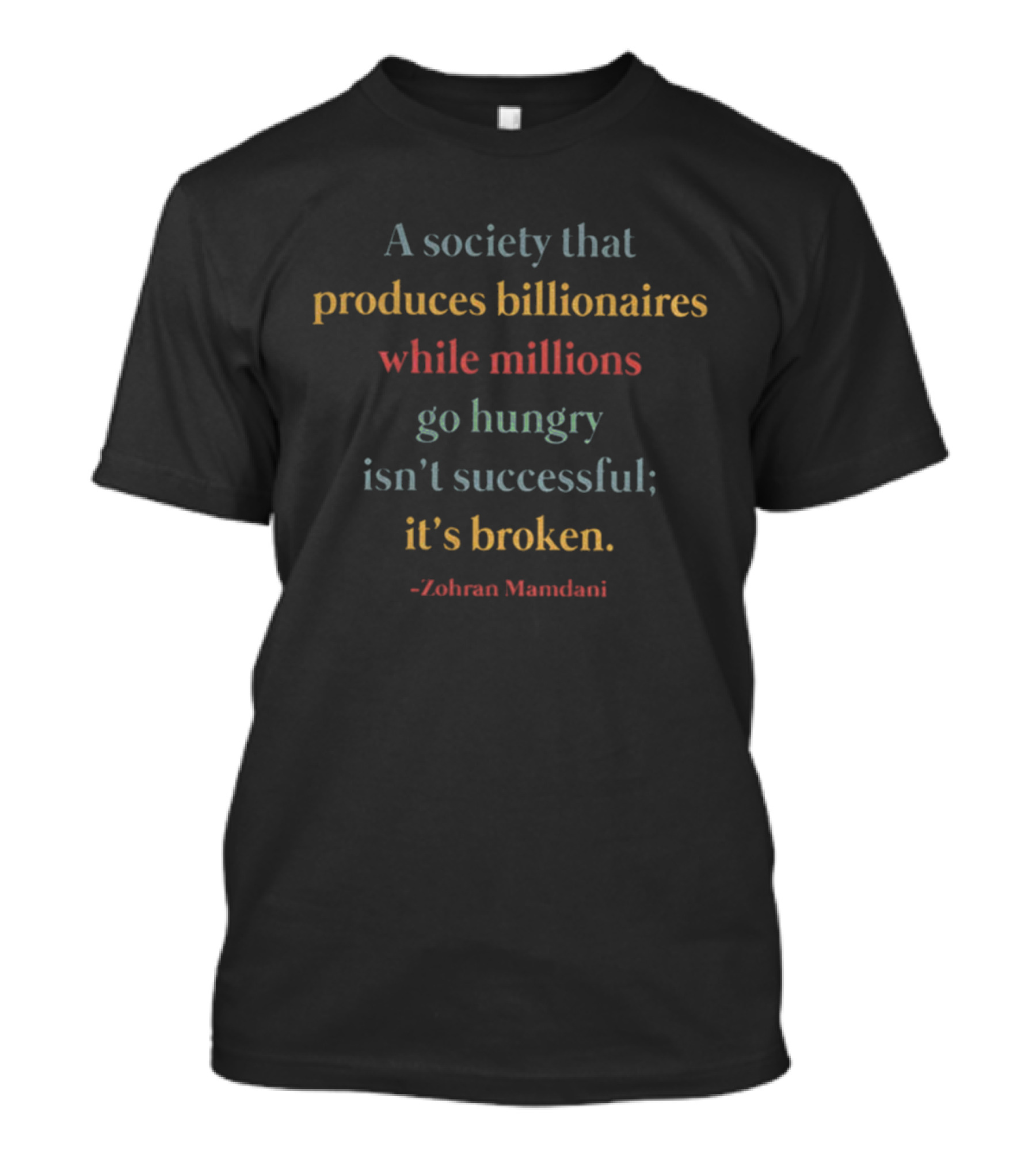 A Society That Produces Billionaires While Millions Go Hungry Isn't Successful It's Broken Zohran Mamdani T-Shirt