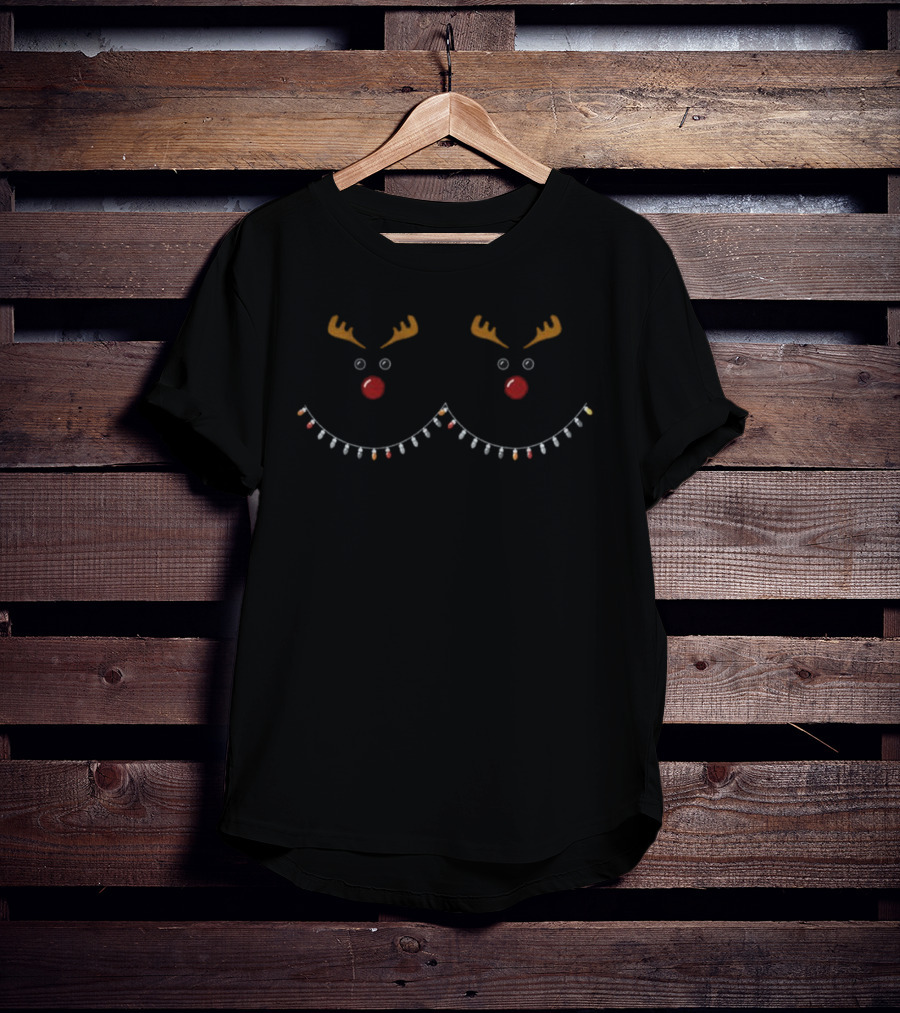 Funny Christmas Reindeer Boobs Lights Antlers Nose Eyes T-Shirt