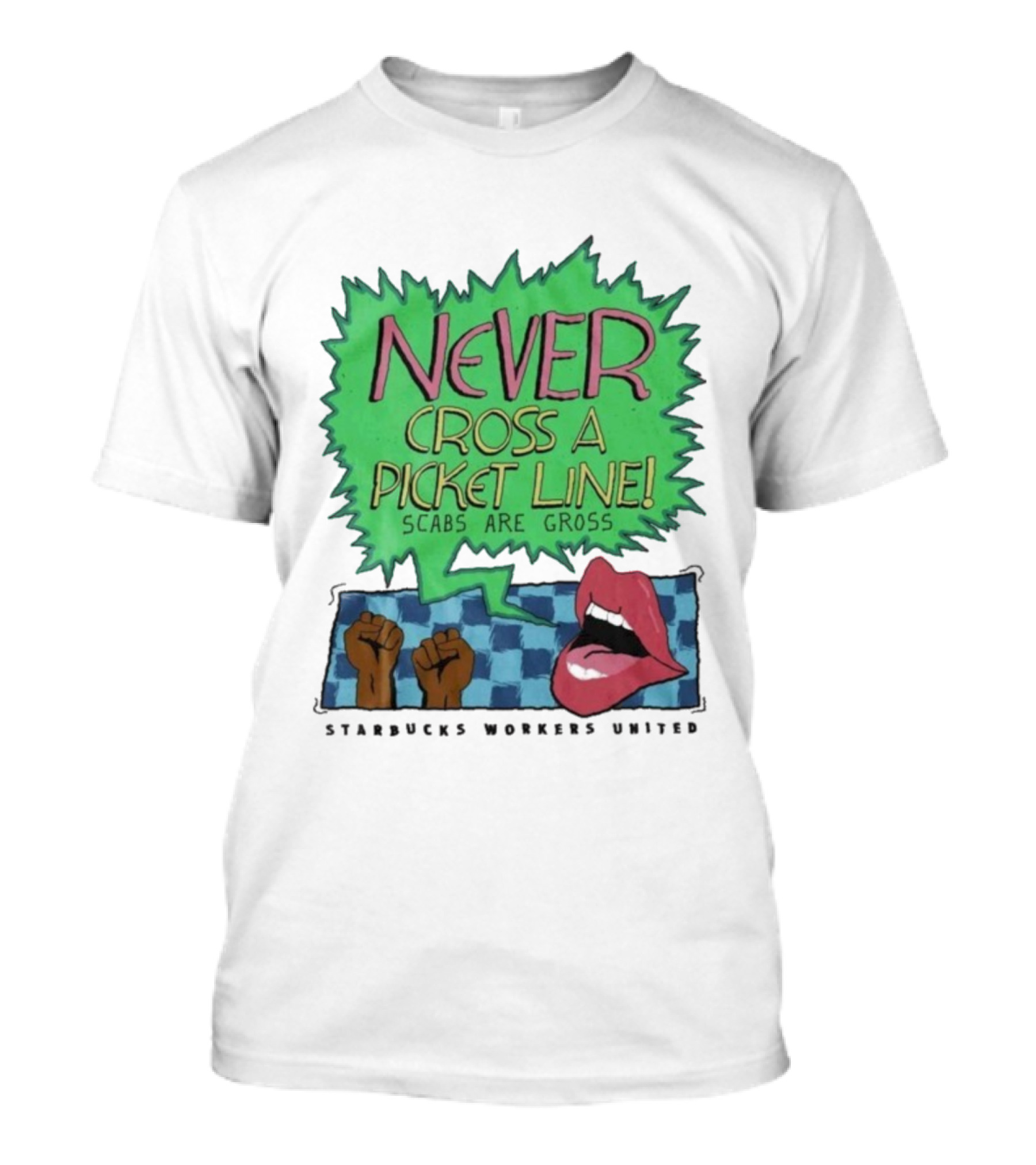 Starbucks Workers United Never Cross A Picket Line Scabs Are Gross Raised Fists Open Mouth Icon T-Shirt