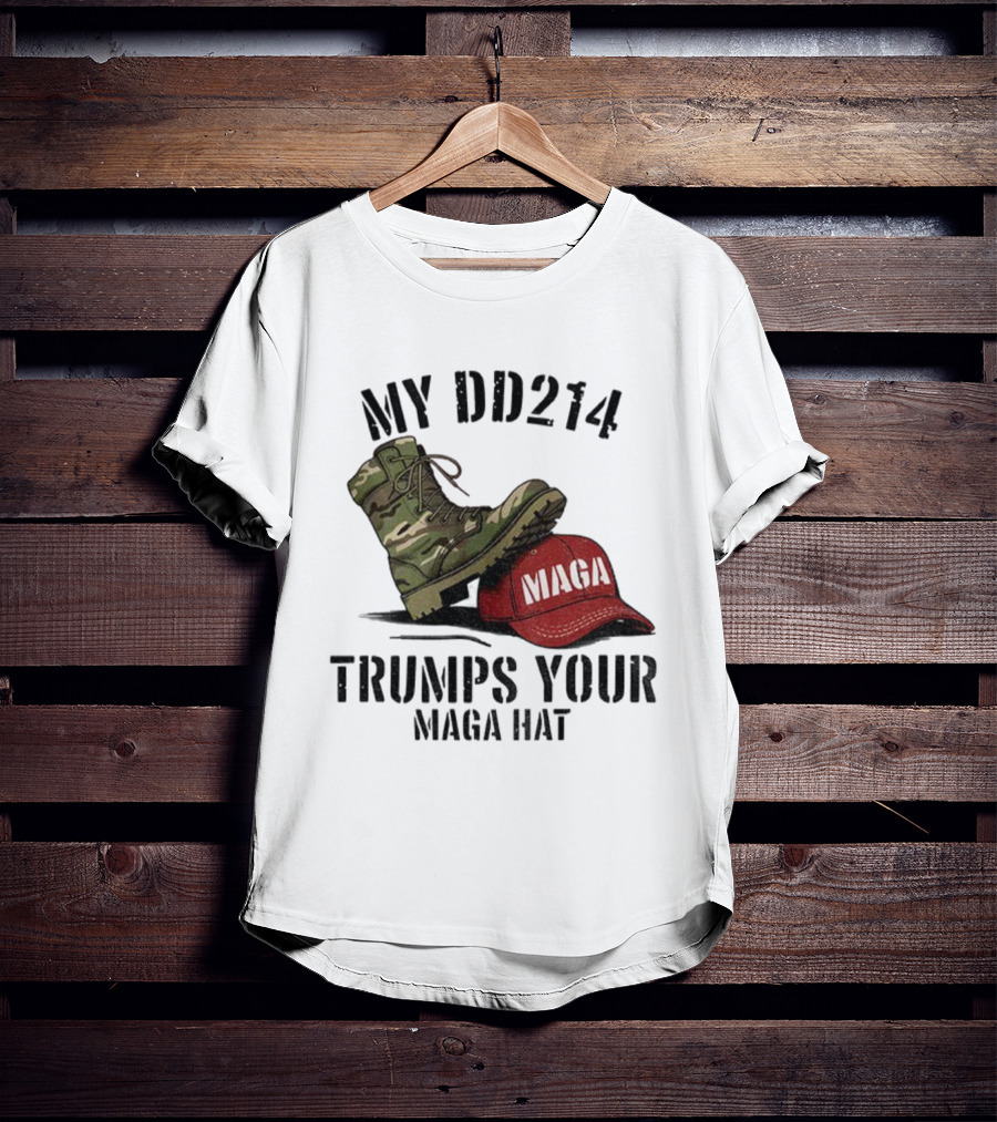 Veterans Against Trump My DD214 Trumps Your MAGA Hat Camo Boot Standing On Red MAGA Cap T-Shirt