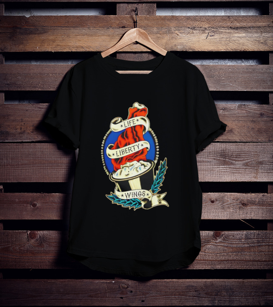 Life Liberty Wings Tattoo Style Emblem Flame And Feather Elements T-Shirt