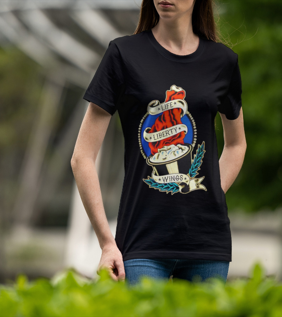 Life Liberty Wings Tattoo Style Emblem Flame And Feather Elements T-Shirt