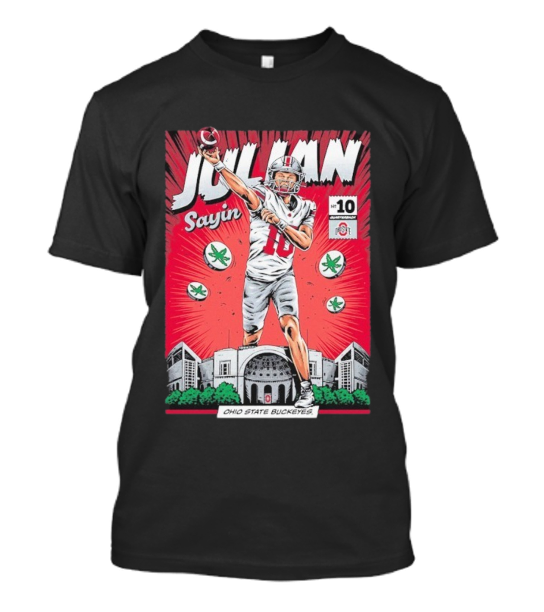 Julian Sayin Ohio State Buckeyes Number 10 Comic Superheroes Stadium T-Shirt