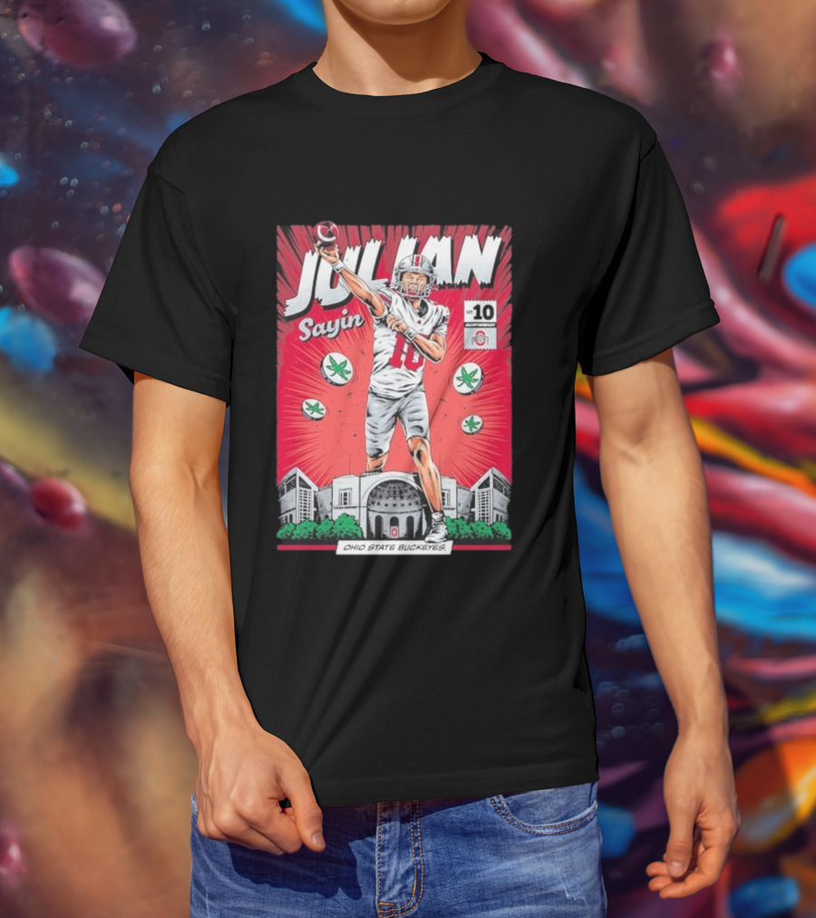 Julian Sayin Ohio State Buckeyes Number 10 Comic Superheroes Stadium T-Shirt