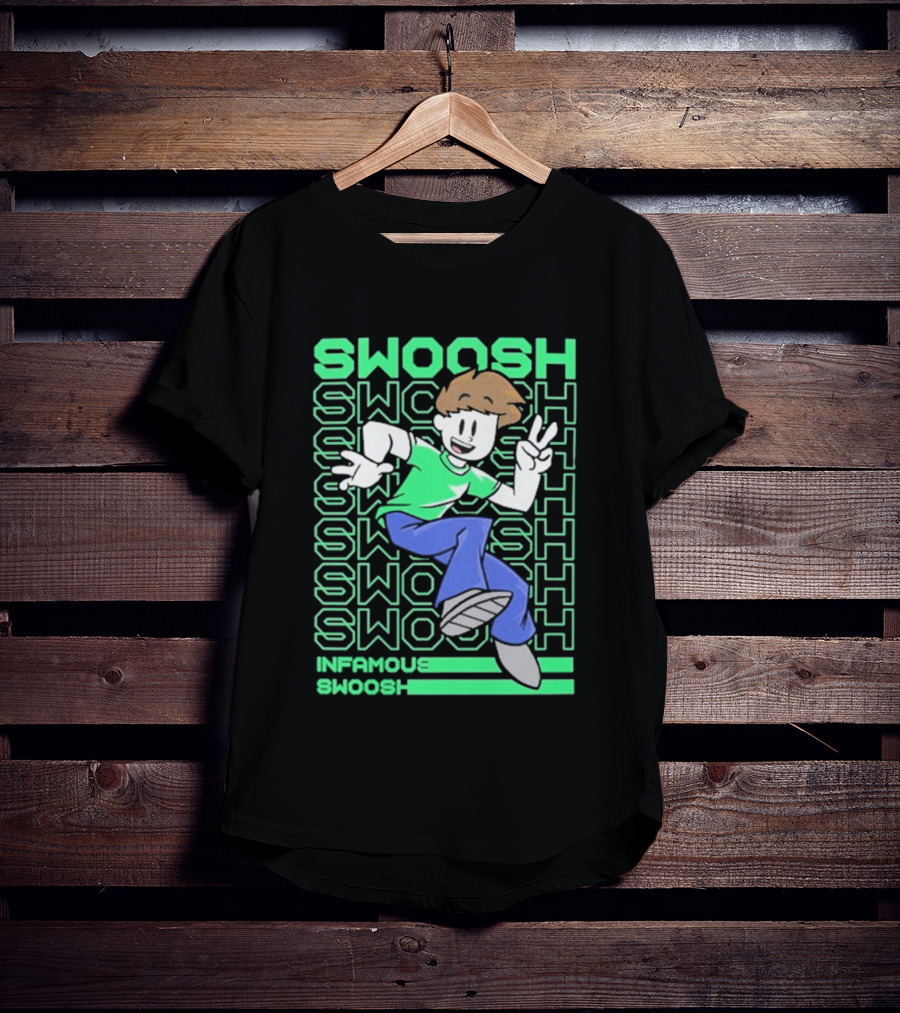 Infamous Swoosh Repeated Cartoon Character Peace Gesture Bright Colors T-Shirt