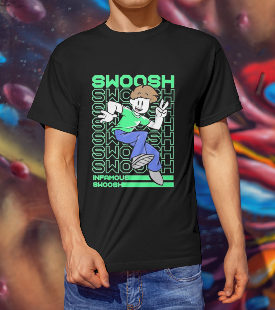 Infamous Swoosh Repeated Cartoon Character Peace Gesture Bright Colors T-Shirt