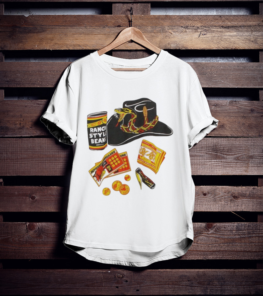Ranch Style Beans Can Rattlesnake Cowboy Hat Texas Symbols Imagery T-Shirt