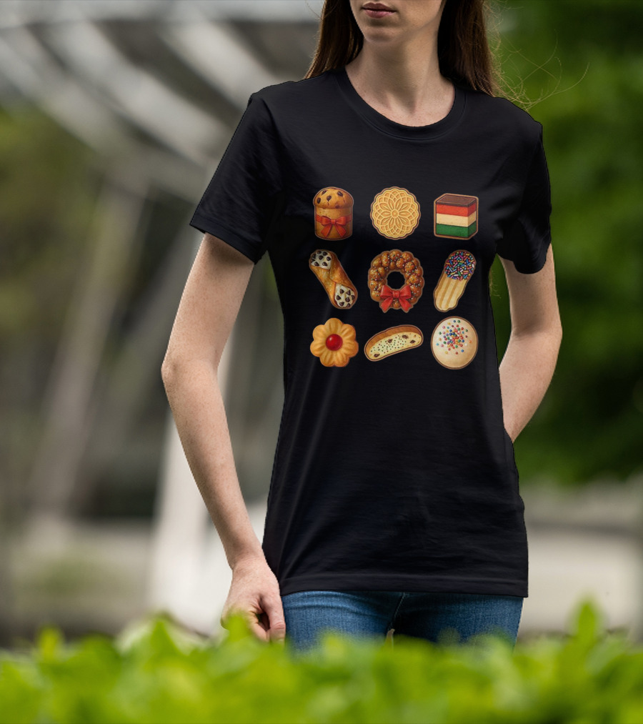 Festive Italian Cookie Variety Featuring Pandoro Biscotti Cannoli Bow Sprinkles T-Shirt