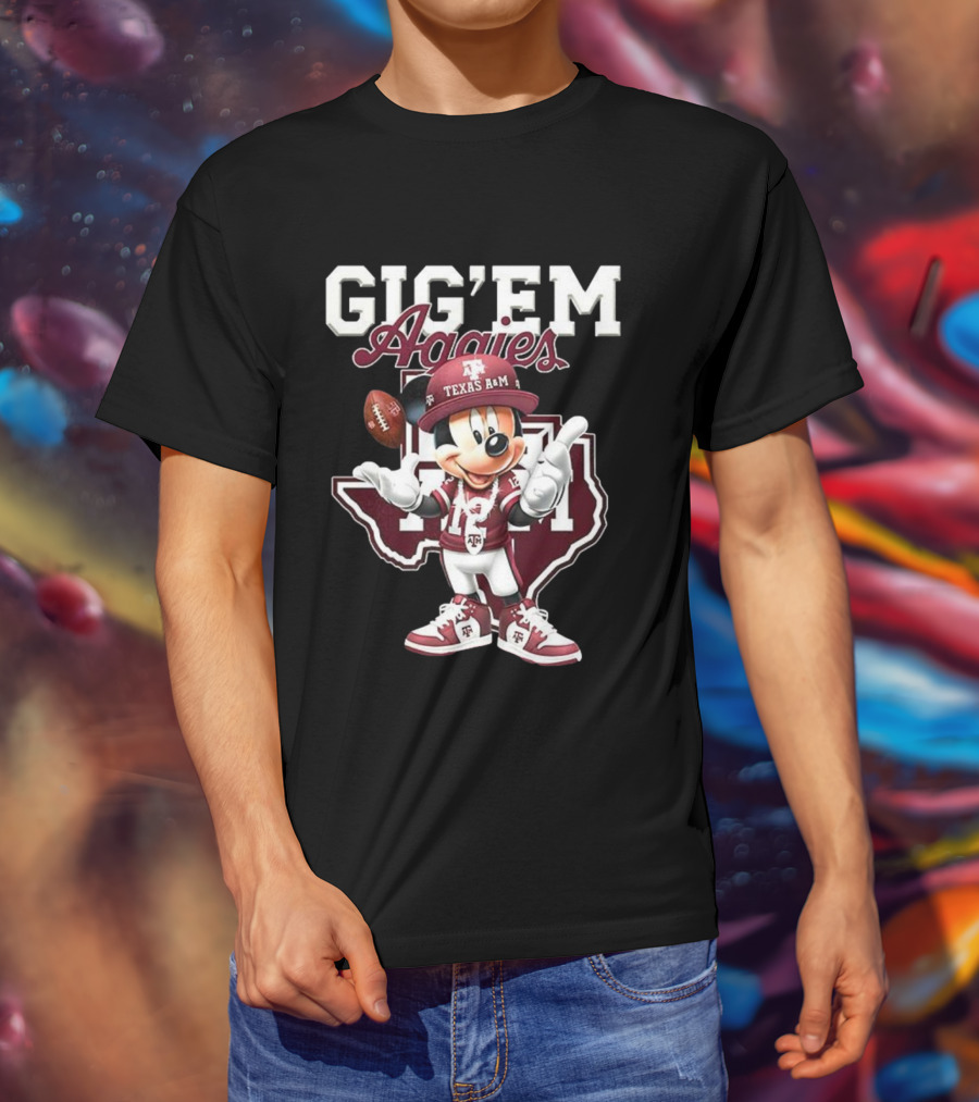 Gig’em Aggies Texas A&M Mickey Mouse Football Map T-Shirt