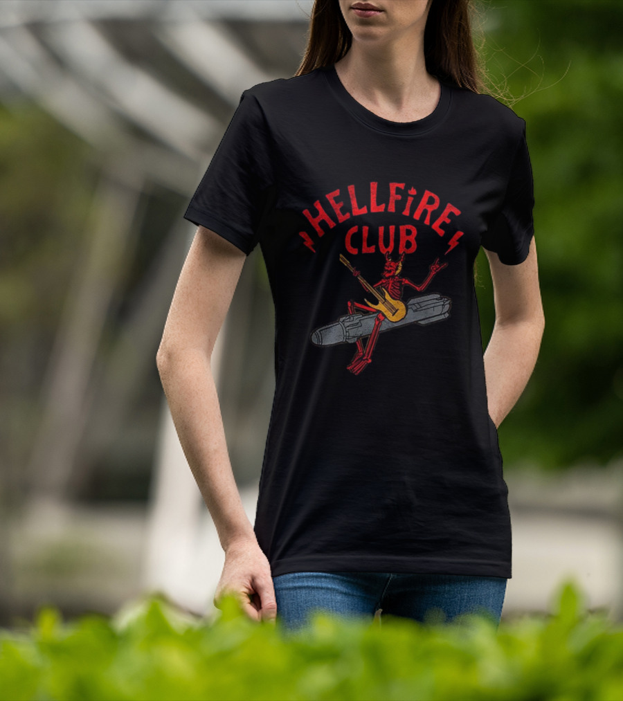 Hellfire Club Devil Riding Missile Playing Guitar T-Shirt