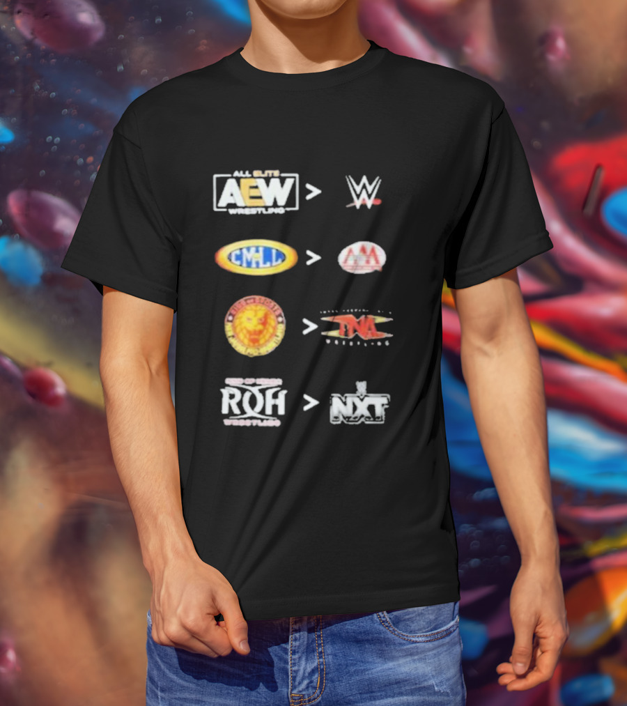 AEW Vs WWE CMLL Vs AAA NJPW Vs TNA ROH Vs NXT Wrestling Logos T-Shirt