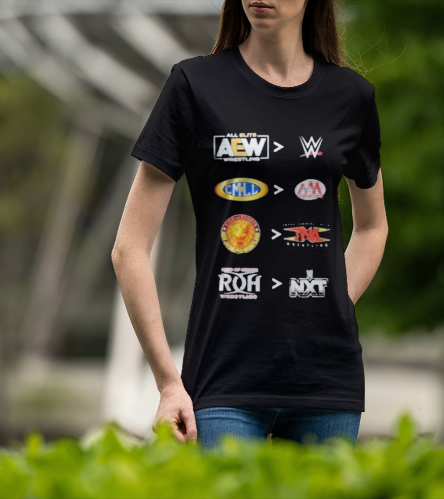 AEW Vs WWE CMLL Vs AAA NJPW Vs TNA ROH Vs NXT Wrestling Logos T-Shirt