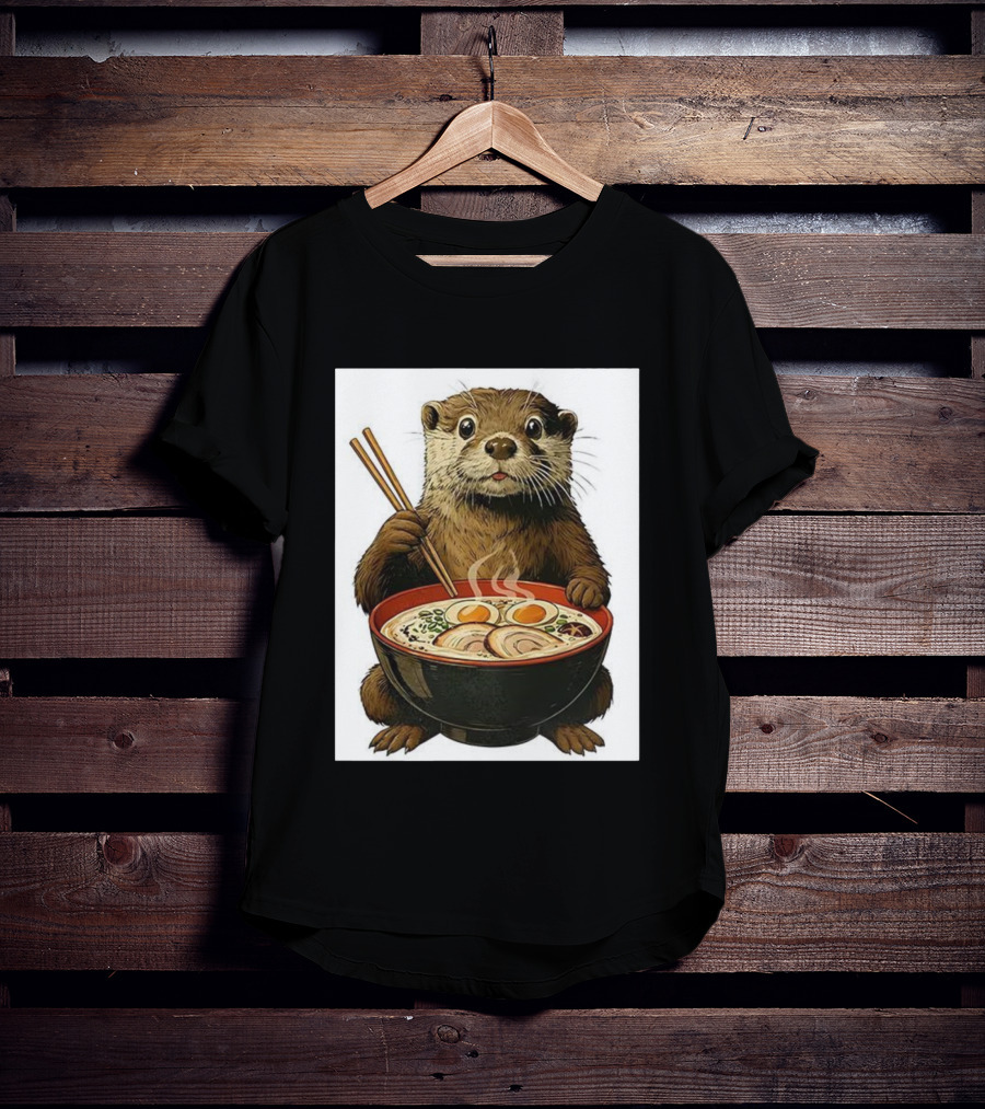 Cute Otter Enjoying Steaming Ramen With Chopsticks Illustration T-Shirt
