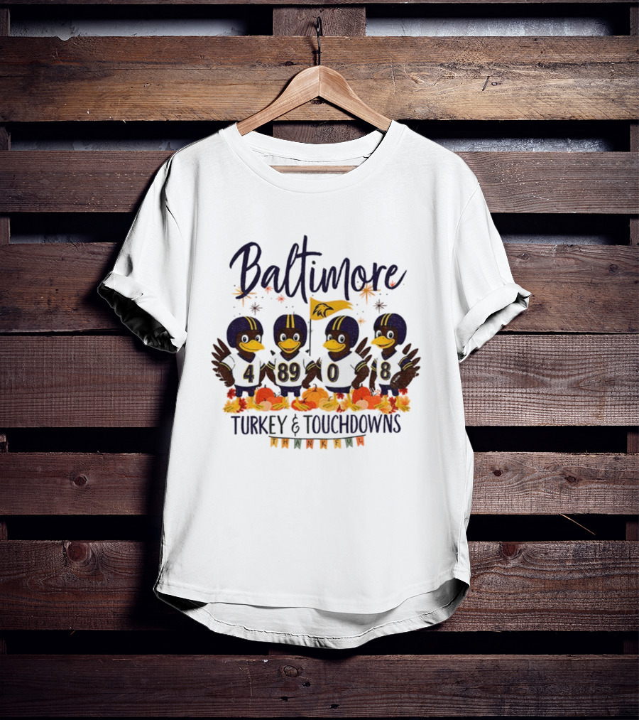 Baltimore Ravens Turkey And Touchdowns Thankful Thanksgiving Football T-Shirt