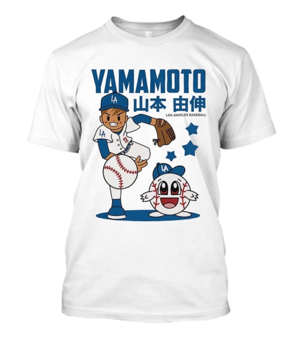 Yamamoto Los Angeles Dodgers Cartoon With Baseball Character And Stars T-Shirt