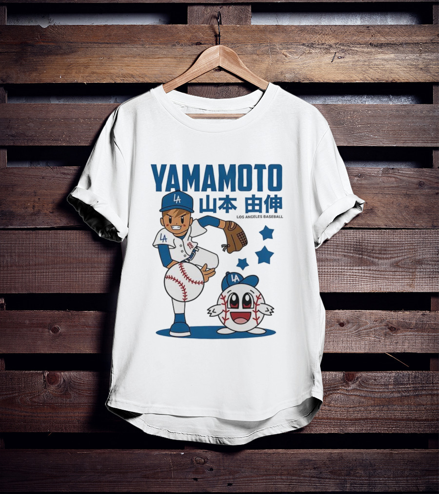 Yamamoto Los Angeles Dodgers Cartoon With Baseball Character And Stars T-Shirt