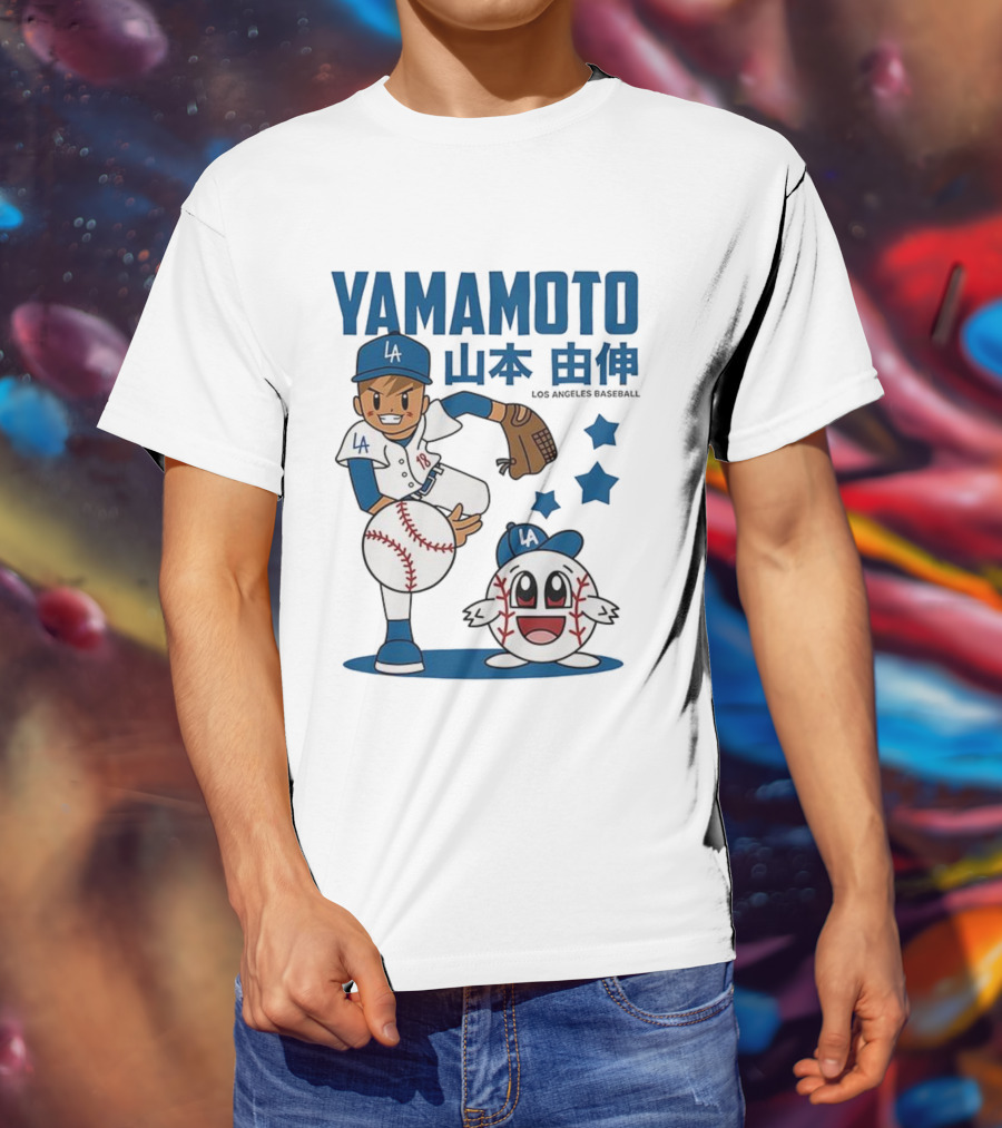Yamamoto Los Angeles Dodgers Cartoon With Baseball Character And Stars T-Shirt
