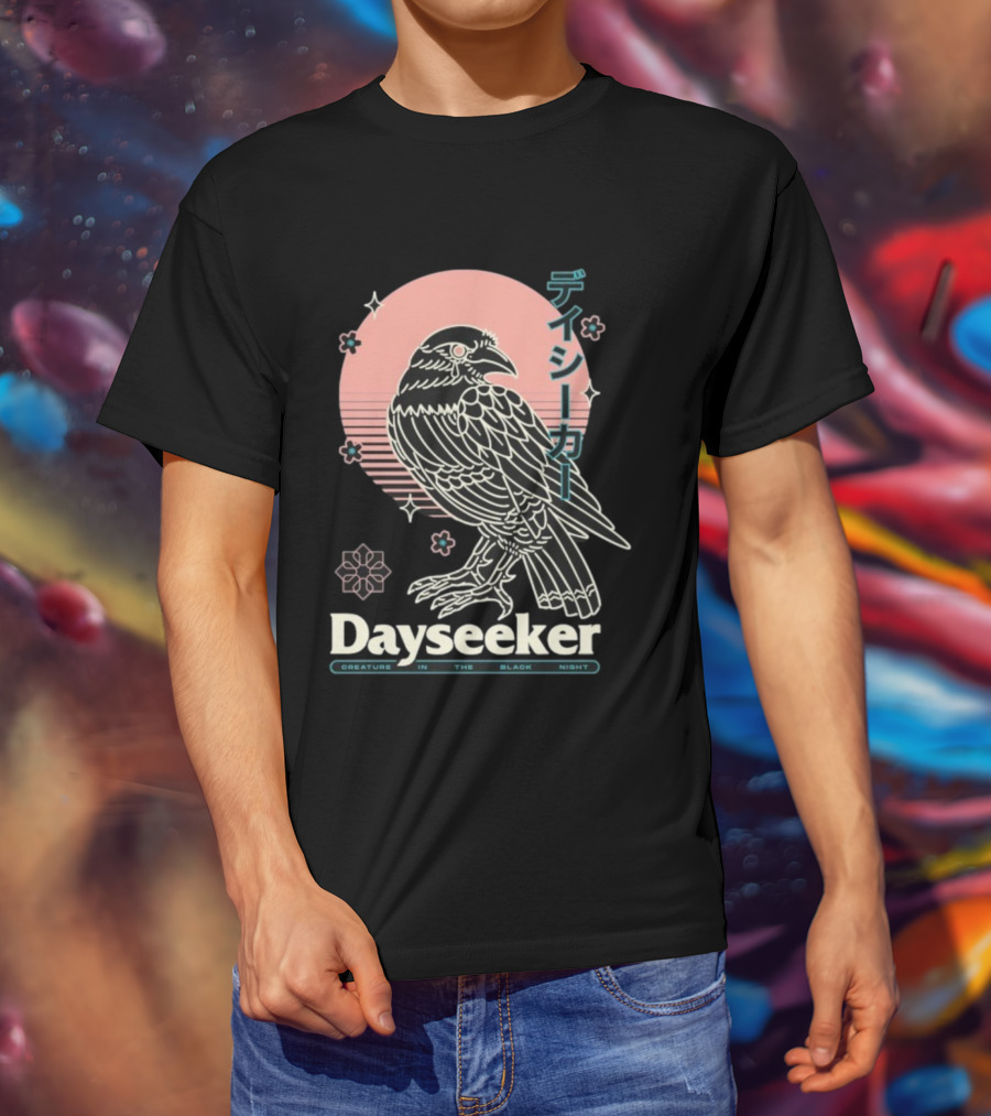 Dayseeker Creature In The Black Night Raven With Japanese Text And Sakura Motif T-Shirt