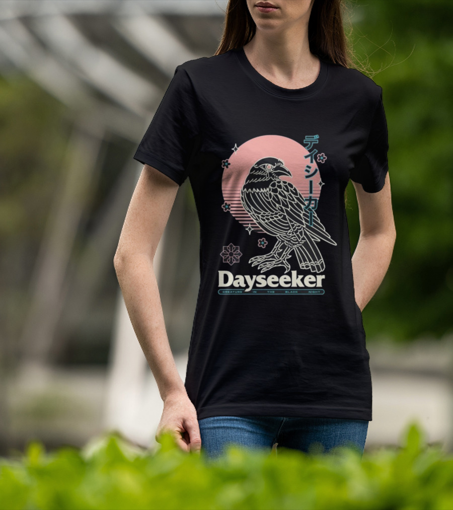 Dayseeker Creature In The Black Night Raven With Japanese Text And Sakura Motif T-Shirt