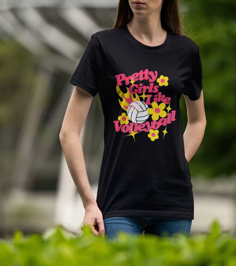 Pretty Girls Like Volleyball Flowers Yellow Pink Volleyball Floral Design T-Shirt