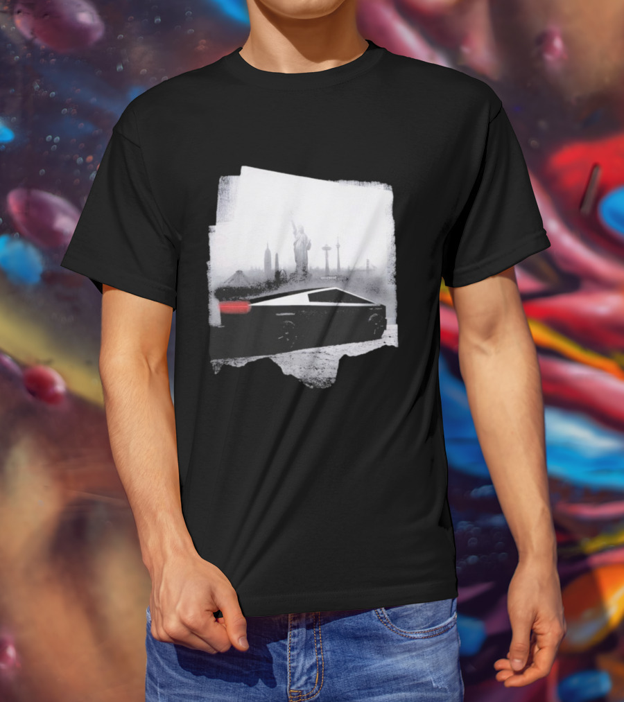 Tesla Cybertruck With Global Landmark Skyline T-Shirt