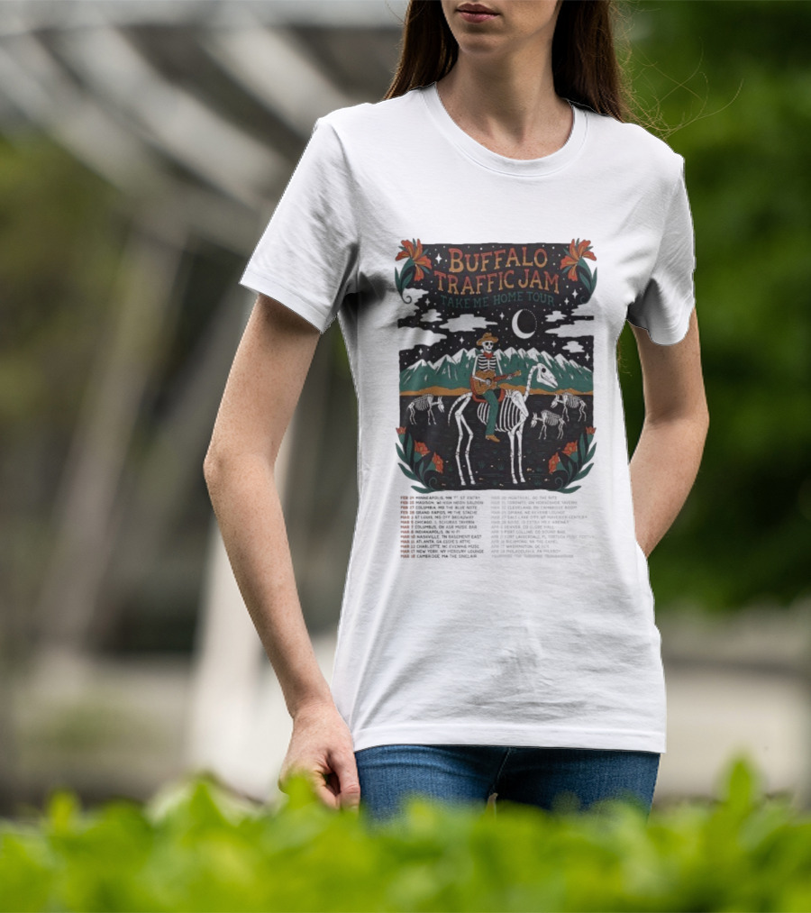 Buffalo Traffic Jam Take Me Home Tour 2026 Dates Skeleton Cowboy Riding Horse Moonlit Desert Scene T-Shirt