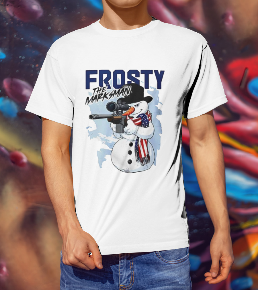 Frosty The Marksman Snowman USA Flag Scarf Sniper Hat T-Shirt