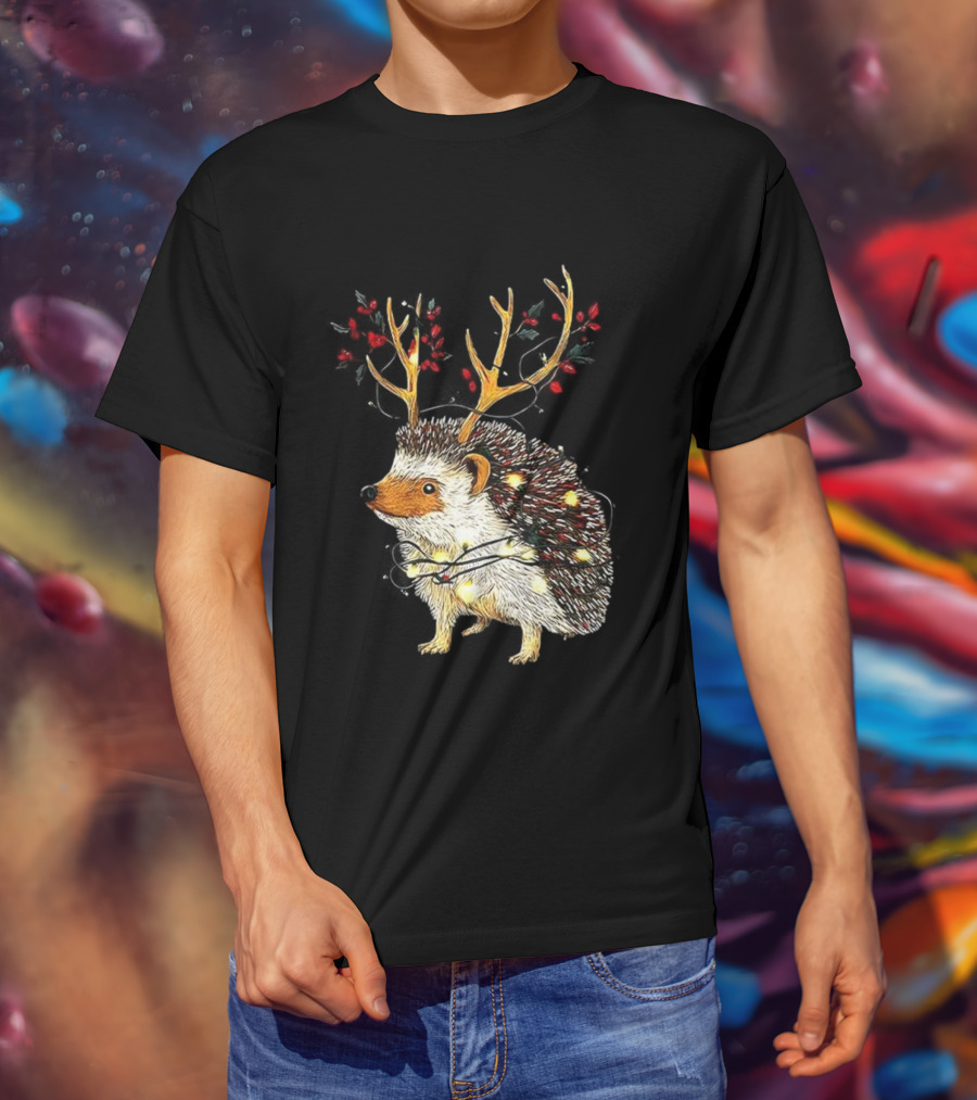 Hedgehog With Antlers Wearing String Of Lights Christmas Holiday Design T-Shirt