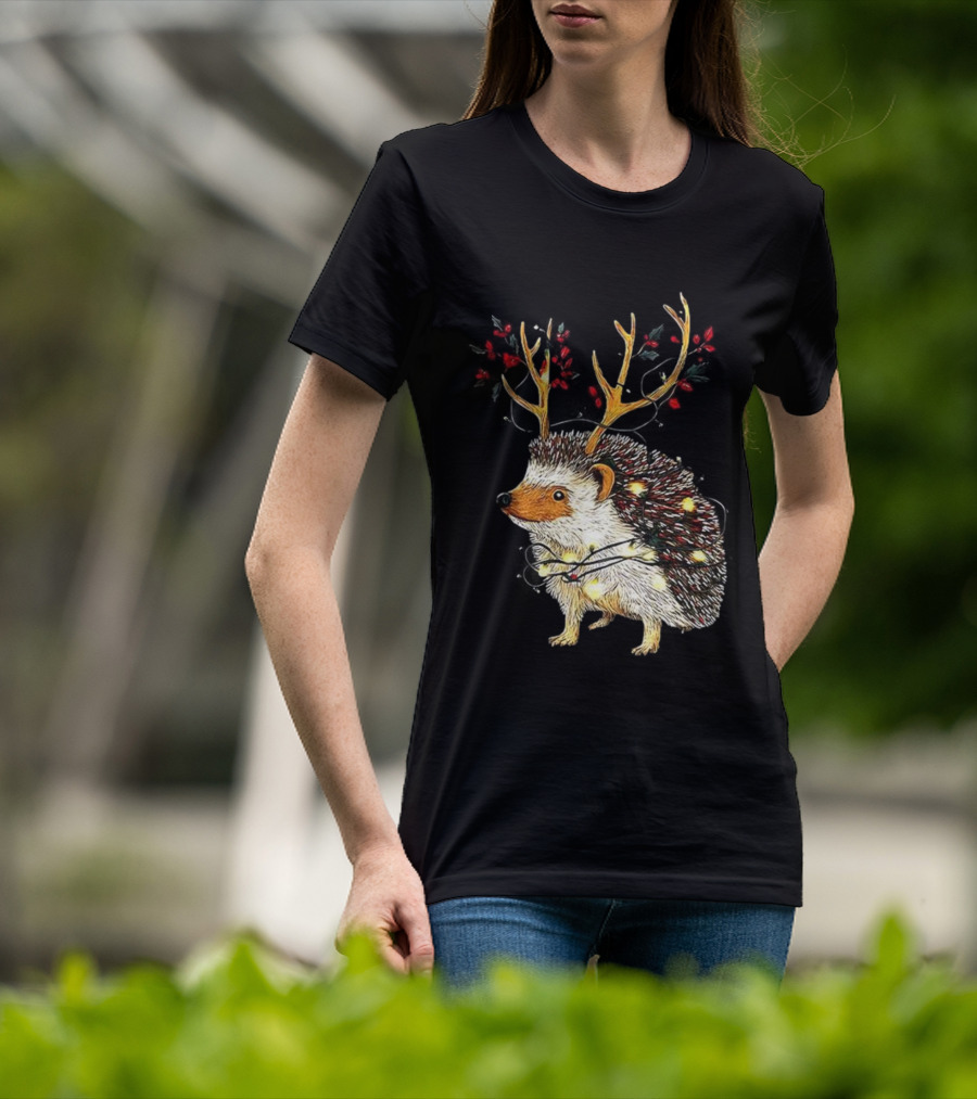 Hedgehog With Antlers Wearing String Of Lights Christmas Holiday Design T-Shirt