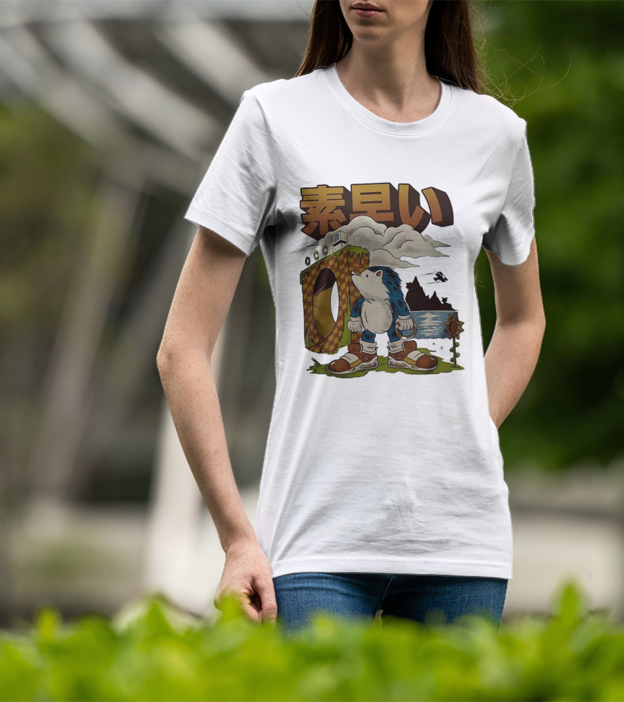 Hedgehog Retro Video Game Symbol Japanese Text T-Shirt