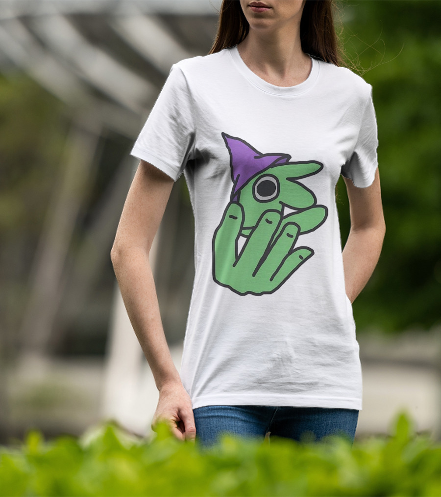 Glep Smiling Friends Character With Green Hand And Purple Hat T-Shirt