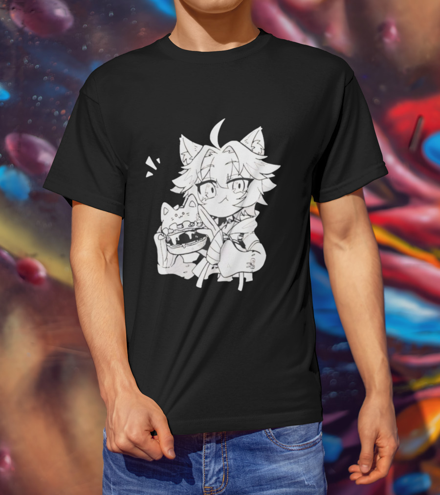 Genshin Impact Cat-Eared Character With Cat Burger Anime Illustration T-Shirt