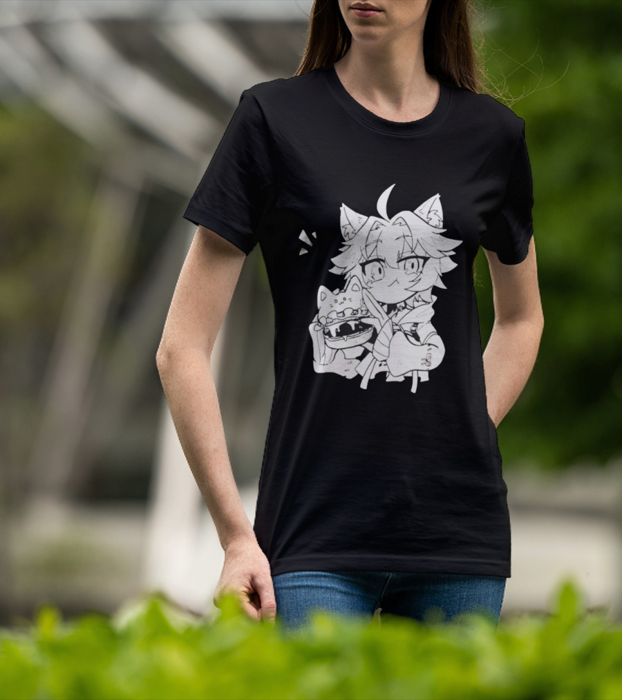 Genshin Impact Cat-Eared Character With Cat Burger Anime Illustration T-Shirt