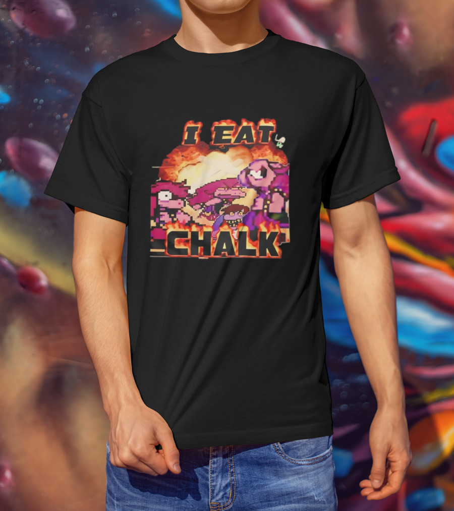I Eat Chalk Pixel Characters Fire Background Design T-Shirt