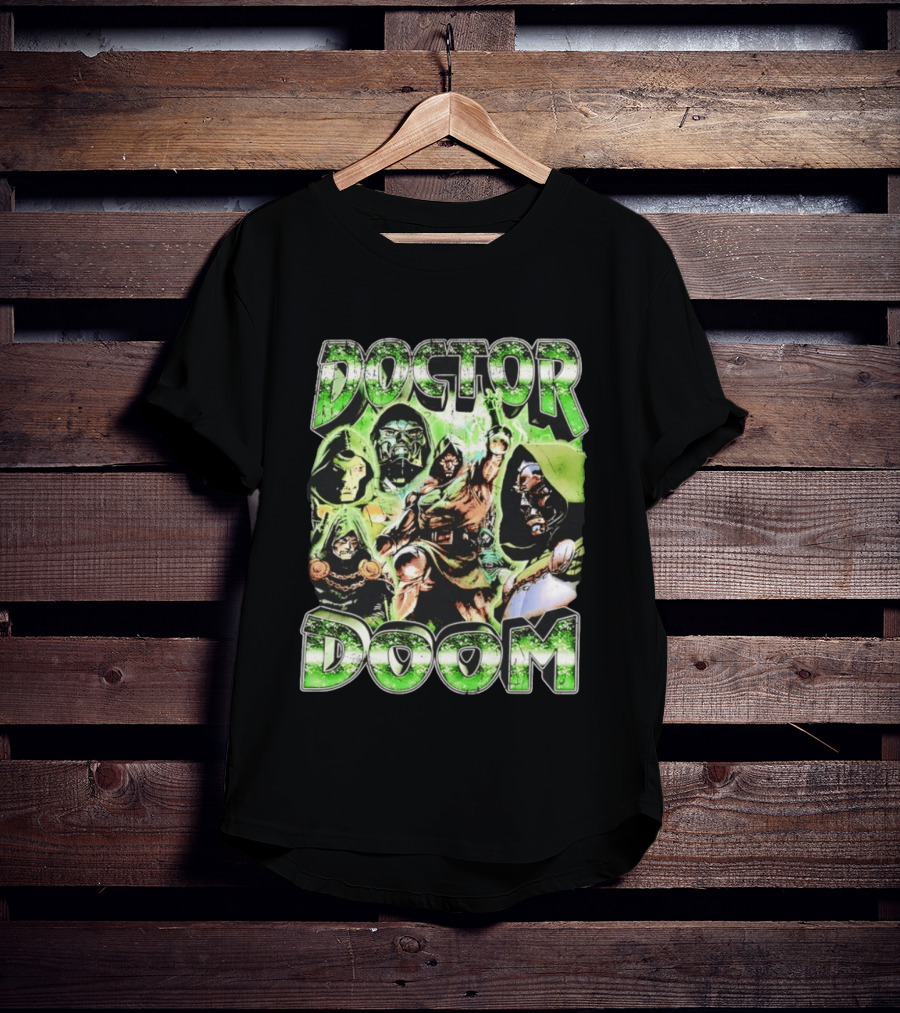 Doctor Doom 90s Bootleg Rap Vintage Style Green Comic Collage T-Shirt