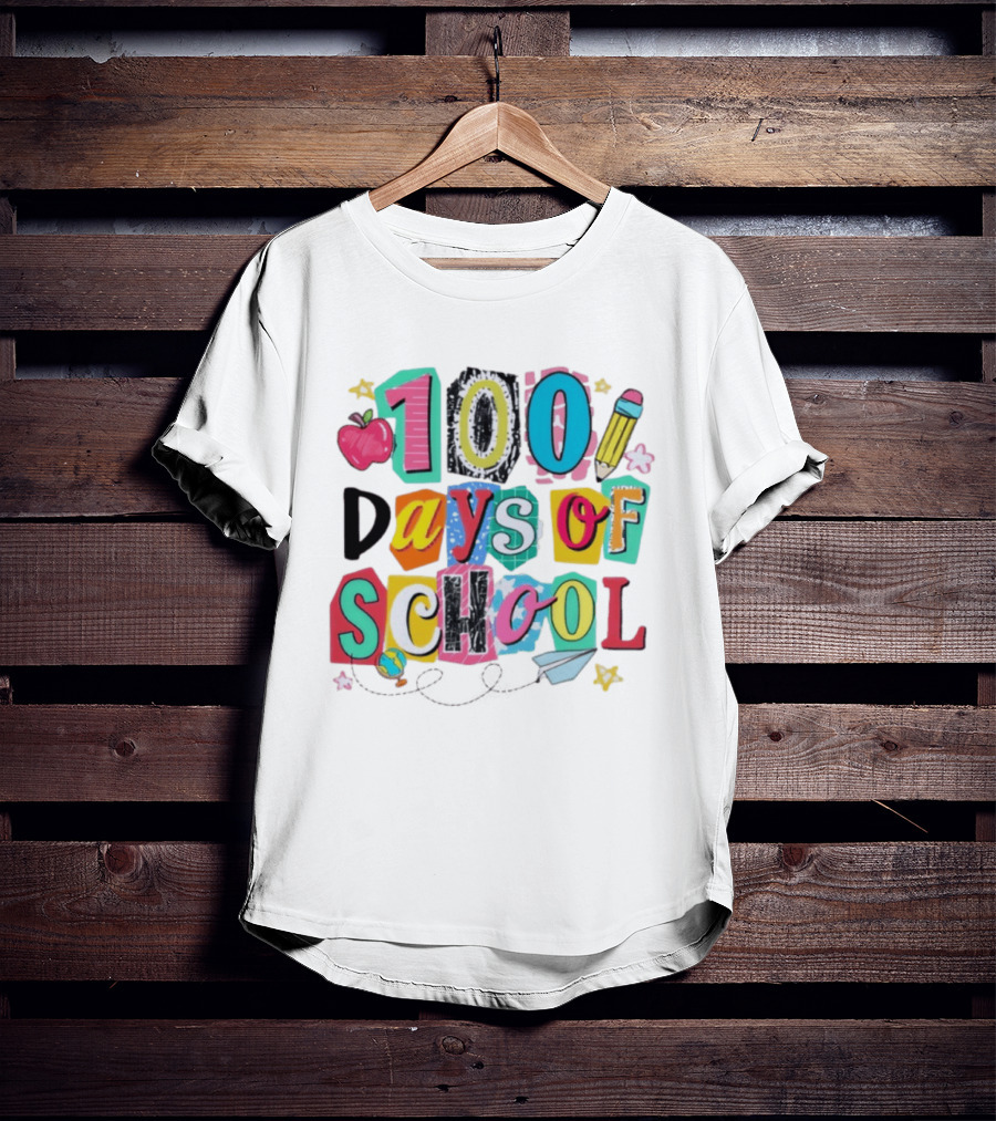 100 Days Of School Celebration Apple Pencil Stars Paper Plane Classroom T-Shirt