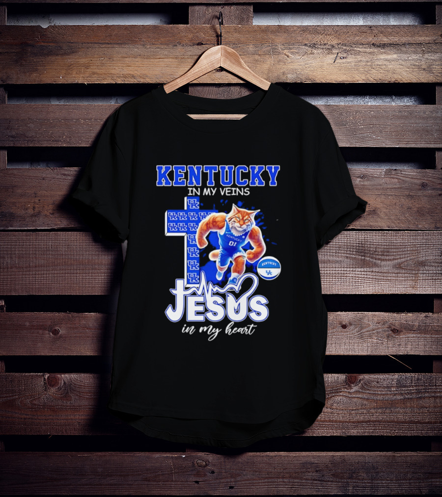 Kentucky Wildcats In My Veins Jesus In My Heart Wildcat Cross T-Shirt
