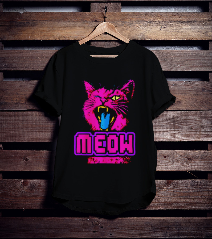 Neon Pink Angry Cat MEOW Cyberpunk Aesthetic Retro Futuristic T-Shirt