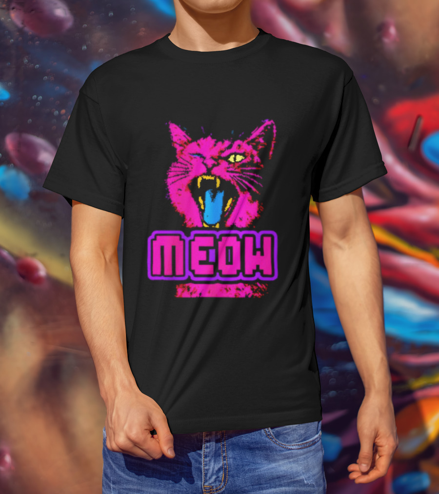 Neon Pink Angry Cat MEOW Cyberpunk Aesthetic Retro Futuristic T-Shirt