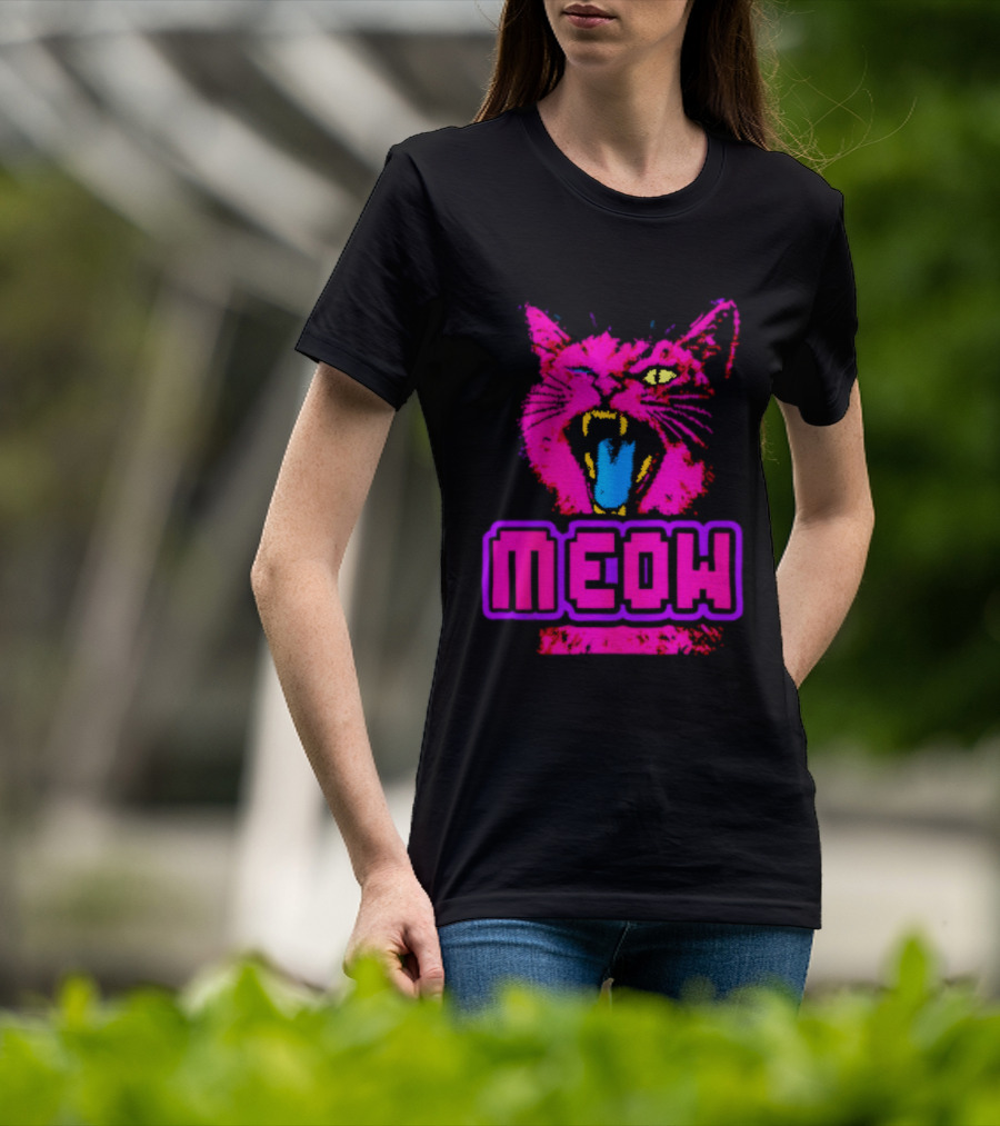 Neon Pink Angry Cat MEOW Cyberpunk Aesthetic Retro Futuristic T-Shirt
