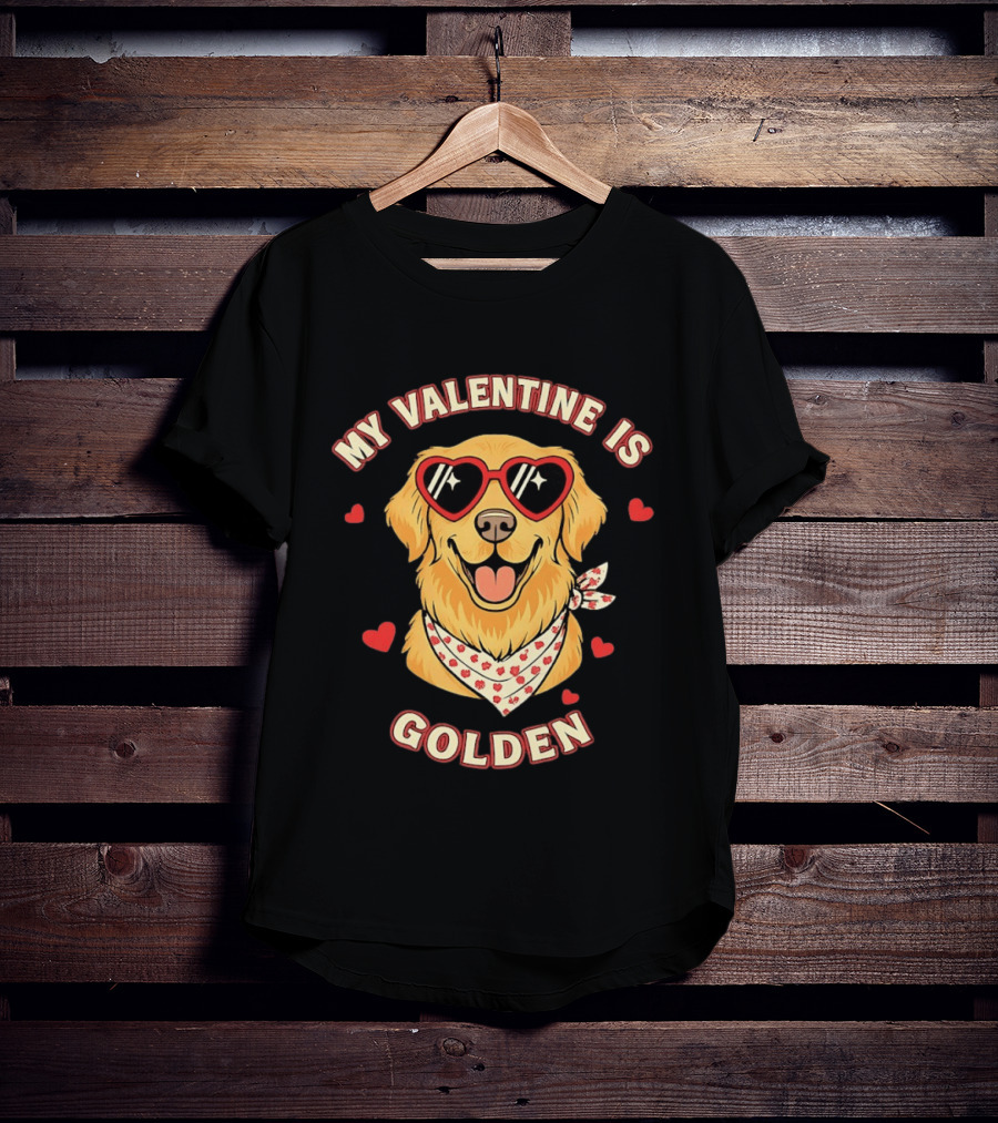 My Valentine Is Golden Retriever With Heart Sunglasses T-Shirt
